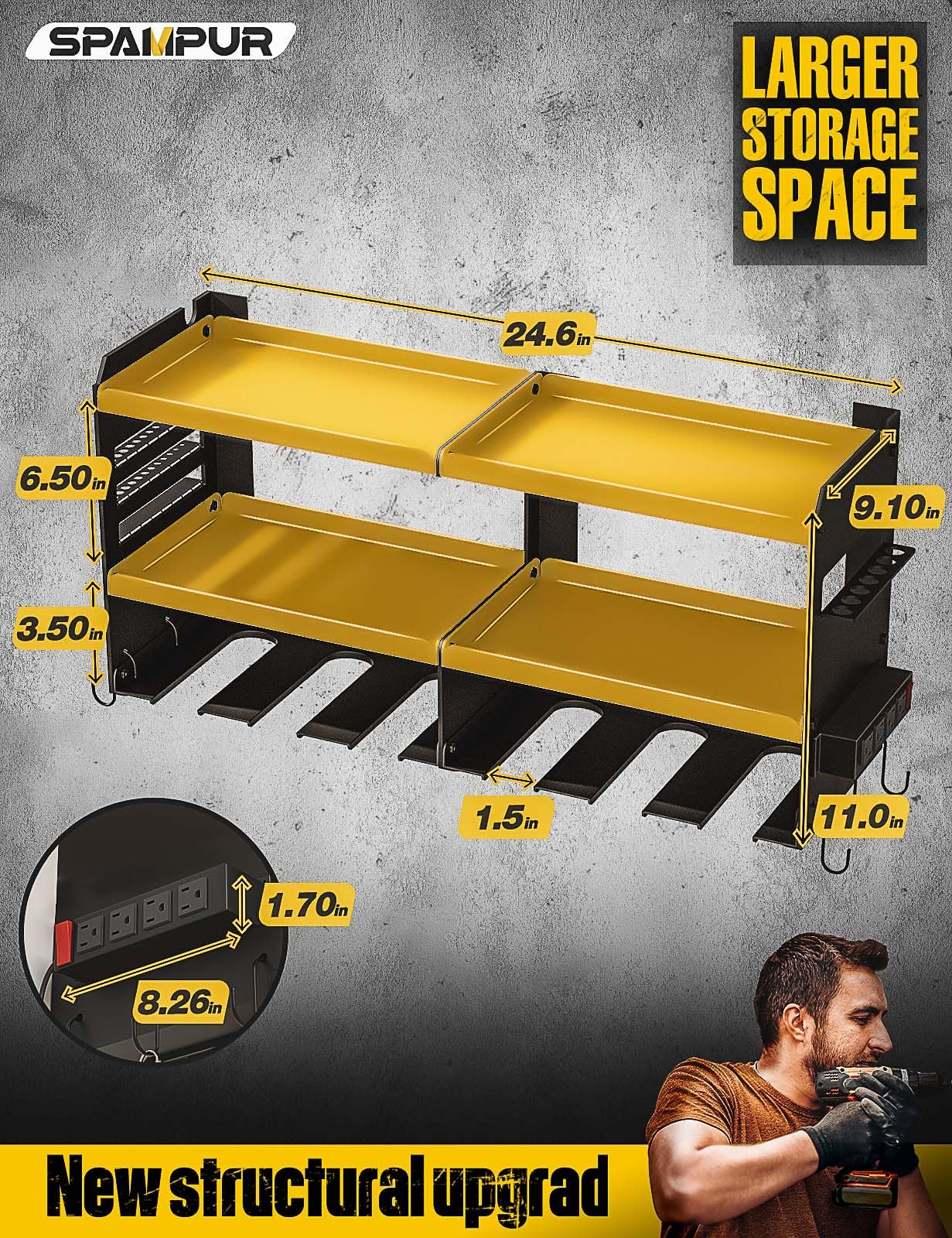 Spampur Power Tool Organizer Wall Mount with Charging Station, Garage Tool Shelf 6 Drill Holders, Tool Battery Holder with Screwdriver Heavy Duty Rack, Tool Storage Rack with 4 Outlet Power Strip