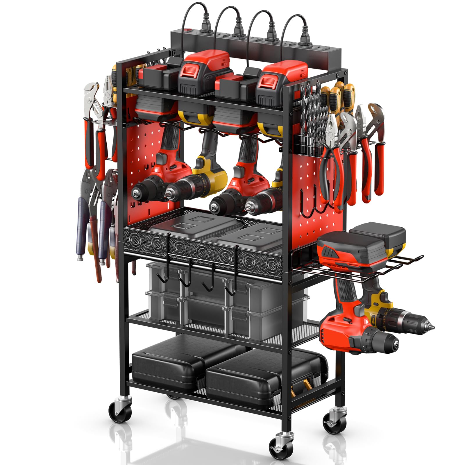 CCCEI Power Tool Organizer Cart with Charging Station, Garage Floor Rolling Storage Cart on Wheels for Mechanic, Mobile 6 Drill, Tool Box Utility Cart with Battery Charging Power Strip, Red.