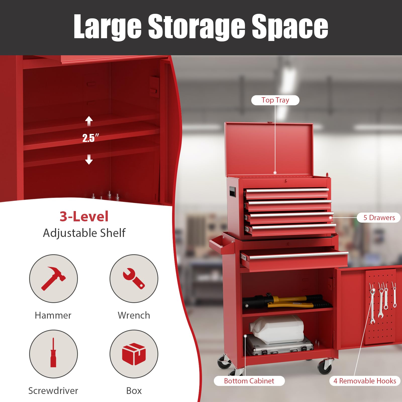 Goplus Tool Chest, 5-Drawer Rolling Tool Storage Cabinet with Detachable Top Tool Box, Liner, Universal Lockable Wheels, Adjustable Shelf, Locking Mechanism, Metal Tool Cart for Garage Workshop