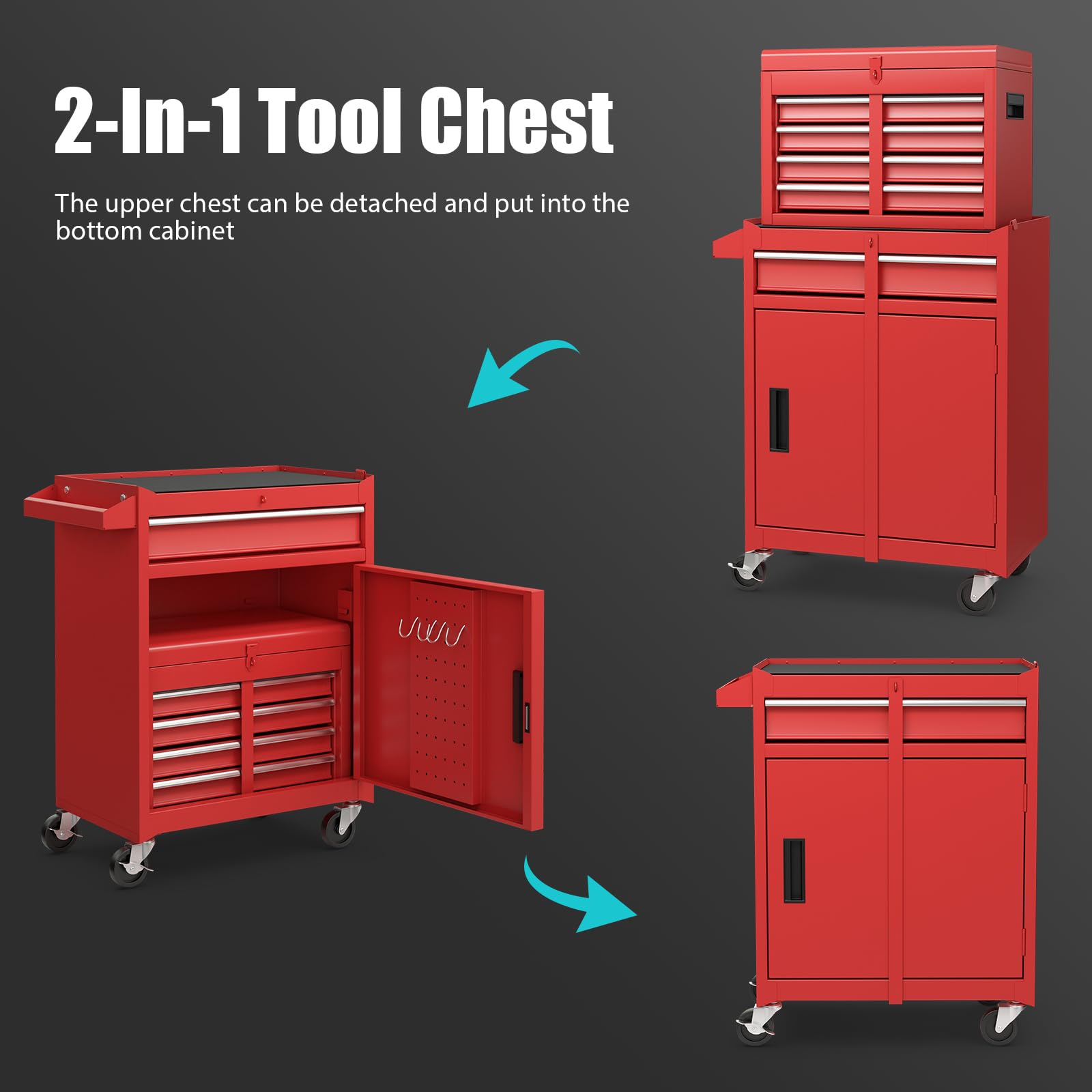 Goplus Tool Chest, 5-Drawer Rolling Tool Storage Cabinet with Detachable Top Tool Box, Liner, Universal Lockable Wheels, Adjustable Shelf, Locking Mechanism, Metal Tool Cart for Garage Workshop