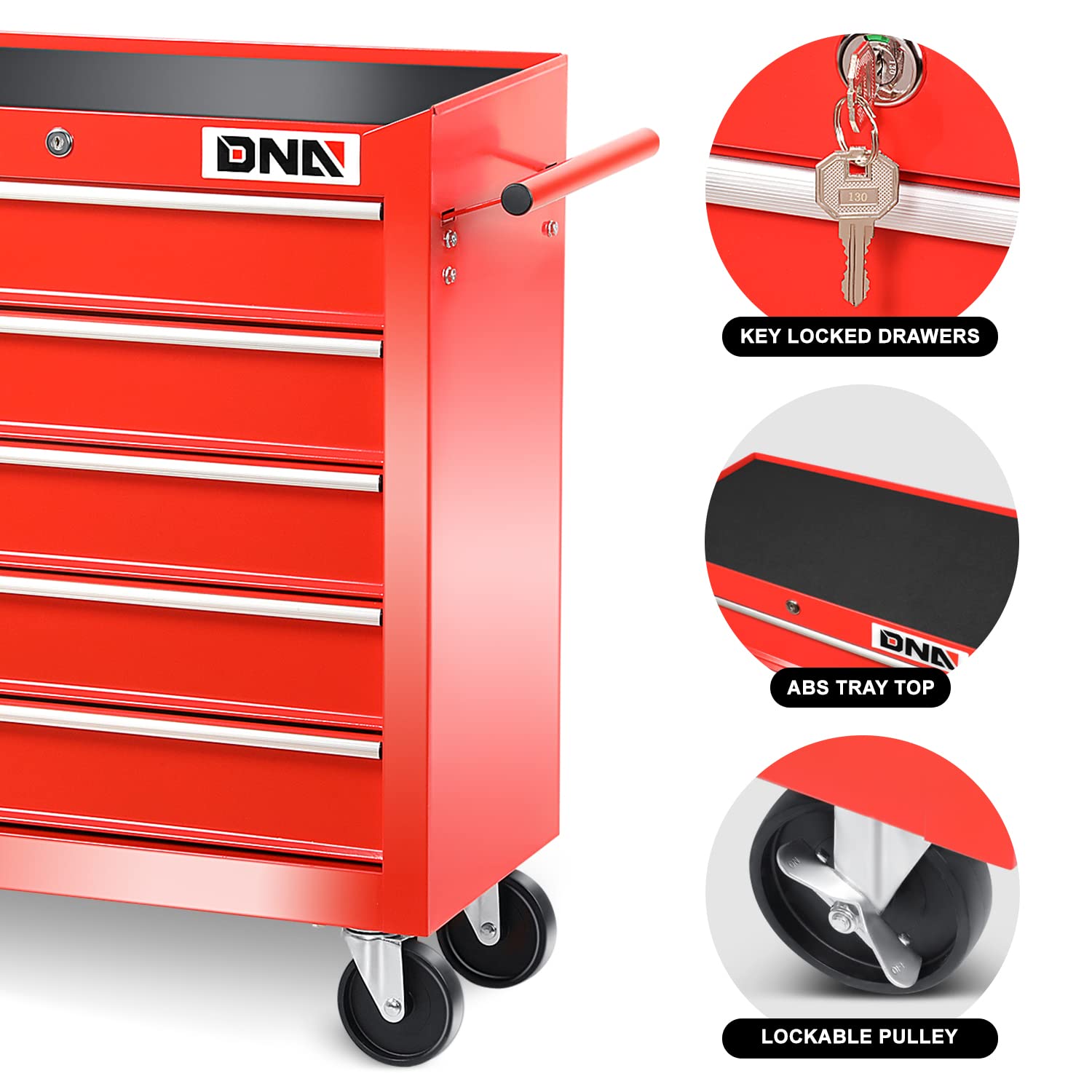 DNA MOTORING TOOLS-00263 5-Drawer Plastic Top Rolling Tool Cabinet with Keyed Locking System,13" D x 24.5" W x 30.5" H,Red
