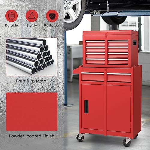 DORTALA 2 in 1 Tool Chest & Cabinet w/ 5 Sliding Drawers, Rolling Garage Box Organizer, Lockable Tool Box, Detachable Tool Organizer, Tool Cabinet Cart Workshop Trolley on Wheels, Red