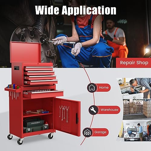 DORTALA 2 in 1 Tool Chest & Cabinet w/ 5 Sliding Drawers, Rolling Garage Box Organizer, Lockable Tool Box, Detachable Tool Organizer, Tool Cabinet Cart Workshop Trolley on Wheels, Red