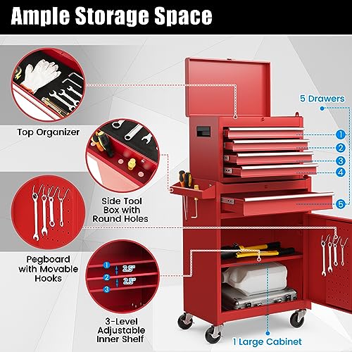 DORTALA 2 in 1 Tool Chest & Cabinet w/ 5 Sliding Drawers, Rolling Garage Box Organizer, Lockable Tool Box, Detachable Tool Organizer, Tool Cabinet Cart Workshop Trolley on Wheels, Red