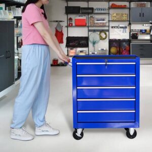 HPDMC Rolling Garage Workshop Tool Organizer 5 Drawer Tool Chest, Tool Storage Cabinet for Garage Storage with 4 Wheels and Locking System, Blue