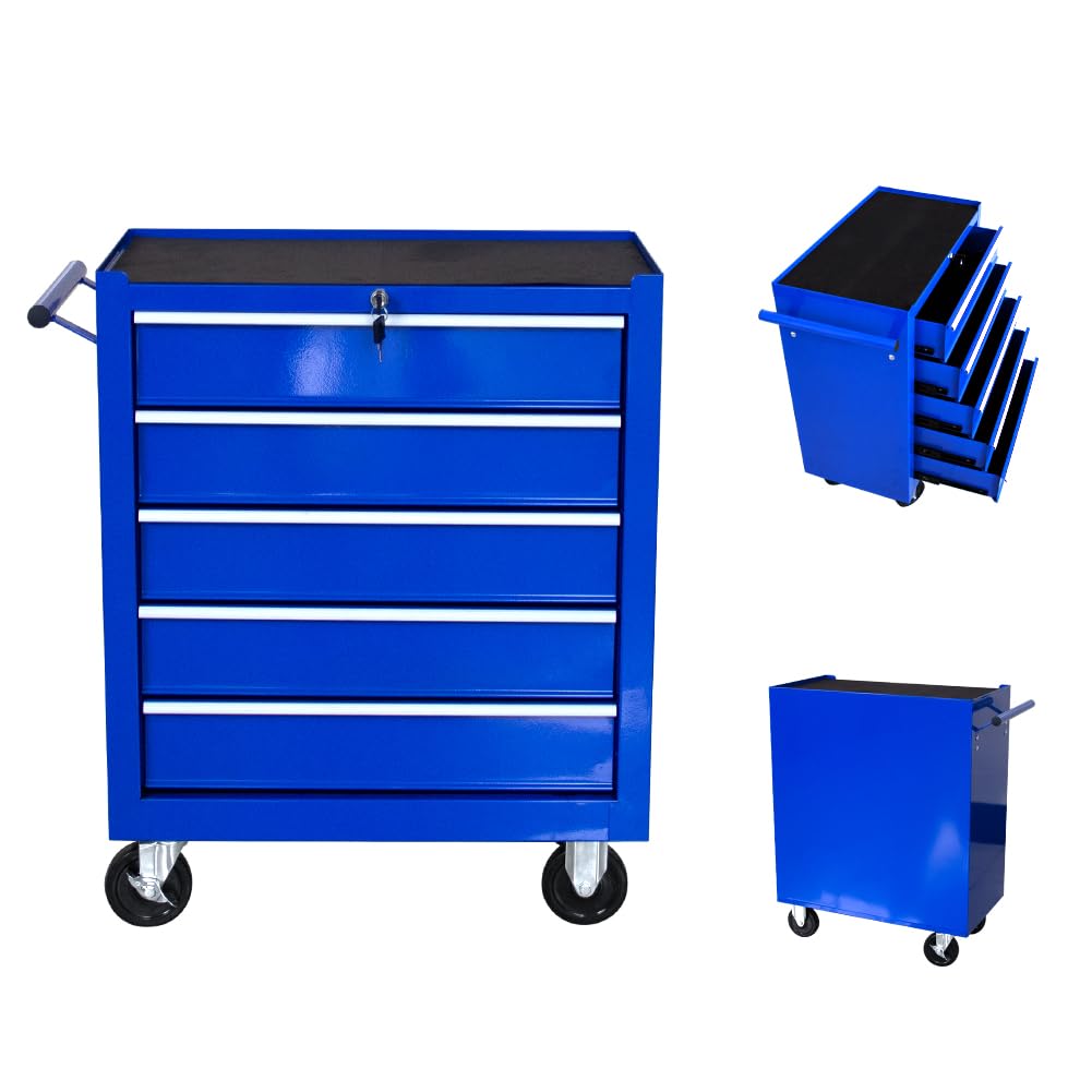 HPDMC Rolling Garage Workshop Tool Organizer 5 Drawer Tool Chest, Tool Storage Cabinet for Garage Storage with 4 Wheels and Locking System, Blue