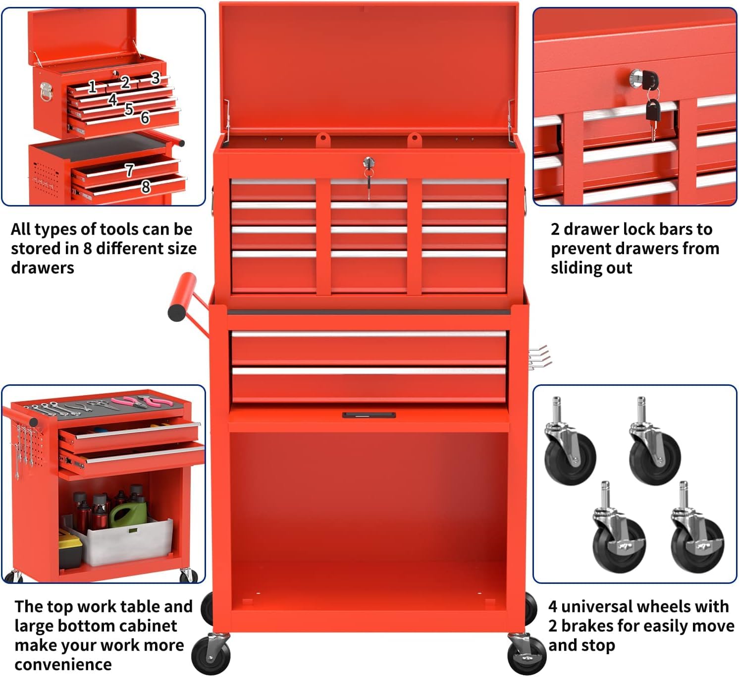 DUSACOM 8-Drawer High Capacity Rolling Tool Box with Wheels,Rolling Tool Chest with Drawer,Tool Box on 4 Wheels with Lock, Tool Storage Cabinet Removable Portable Box for Garage Warehouse