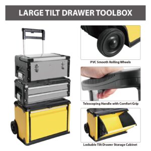 BIG RED Stackable Rolling Tool Box Portable Metal Toolbox Organizer with Wheels and 2 Drawers Separate Rolling Upright Trolley Tool Chest for Garage or Workshop,Yellow,ATRJF-C305ABDY