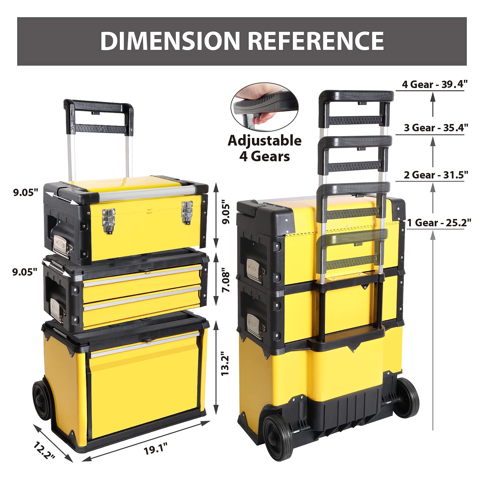 BIG RED Stackable Rolling Tool Box Portable Metal Toolbox Organizer with Wheels and 2 Drawers Separate Rolling Upright Trolley Tool Chest for Garage or Workshop,Yellow,ATRJF-C305ABDY