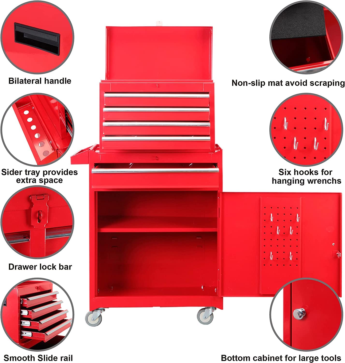 ROAD DAWG Torin Rolling Garage Workshop Organizer: Detachable 4 Drawer Tool Chest with Large Storage Cabinet and Adjustable Shelf, 20.3" l x 11" w x 40.4" h, Red