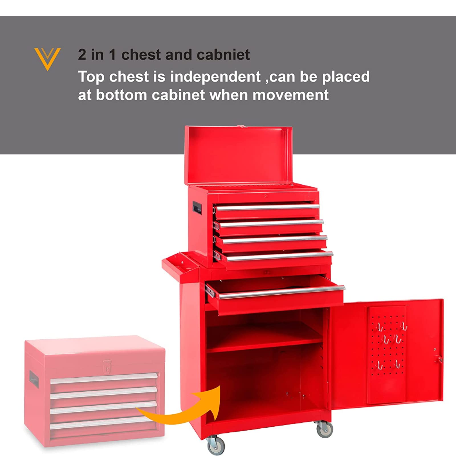 ROAD DAWG Torin Rolling Garage Workshop Organizer: Detachable 4 Drawer Tool Chest with Large Storage Cabinet and Adjustable Shelf, 20.3" l x 11" w x 40.4" h, Red