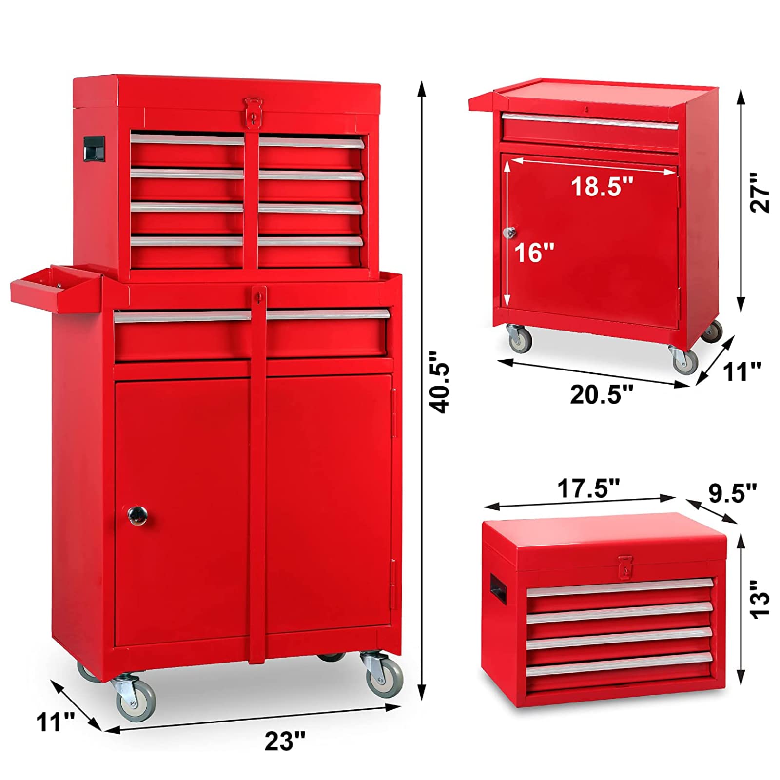 ROAD DAWG Torin Rolling Garage Workshop Organizer: Detachable 4 Drawer Tool Chest with Large Storage Cabinet and Adjustable Shelf, 20.3" l x 11" w x 40.4" h, Red