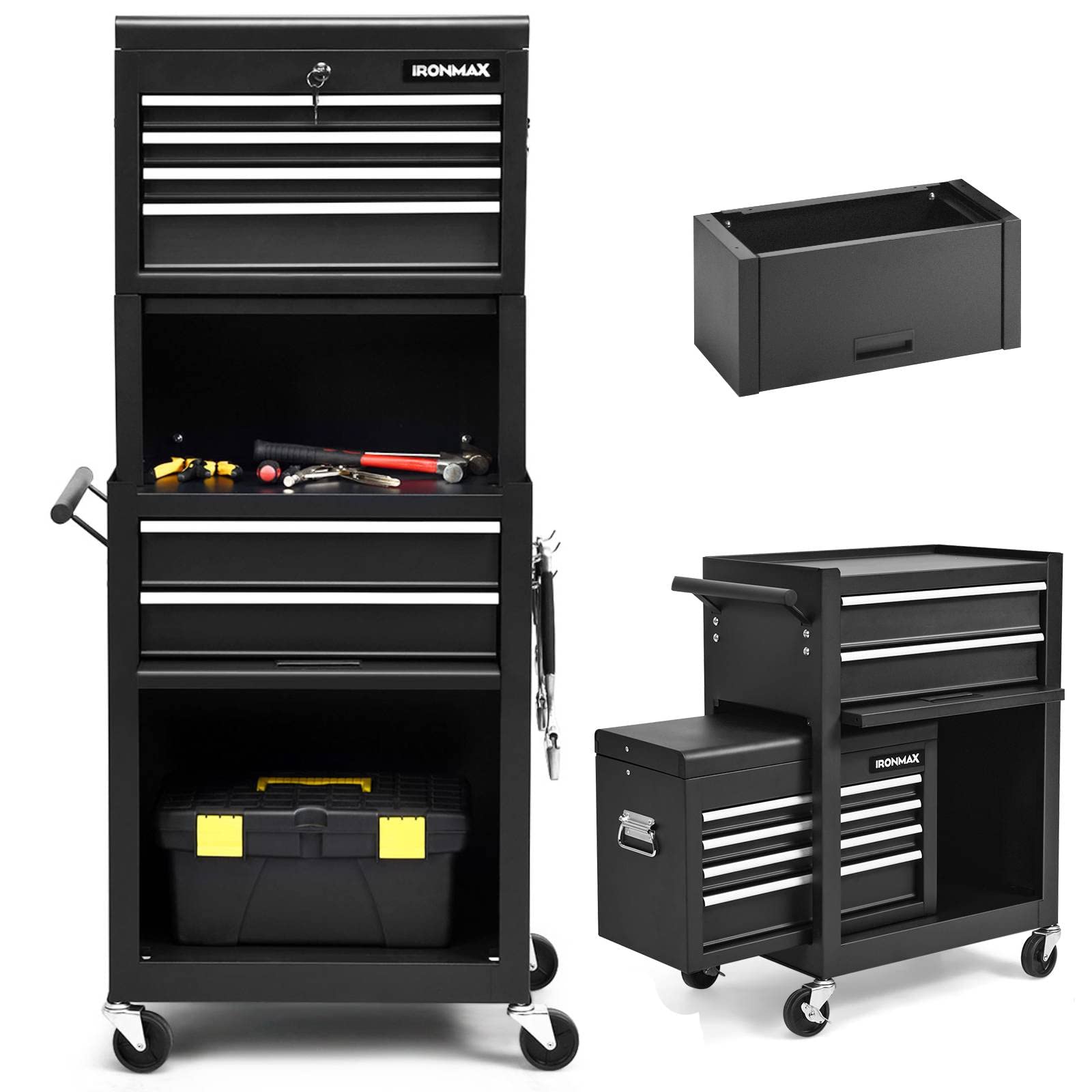 IRONMAX 6-Drawer Tool Cabinet on Wheels, Lockable 3 in 1 Heavy Duty Toolbox Organizer w/ 4 Universal Wheels & Hooks, Detachable Metal Tool Chest for Garage, Warehouse, Repair Shop (Black)