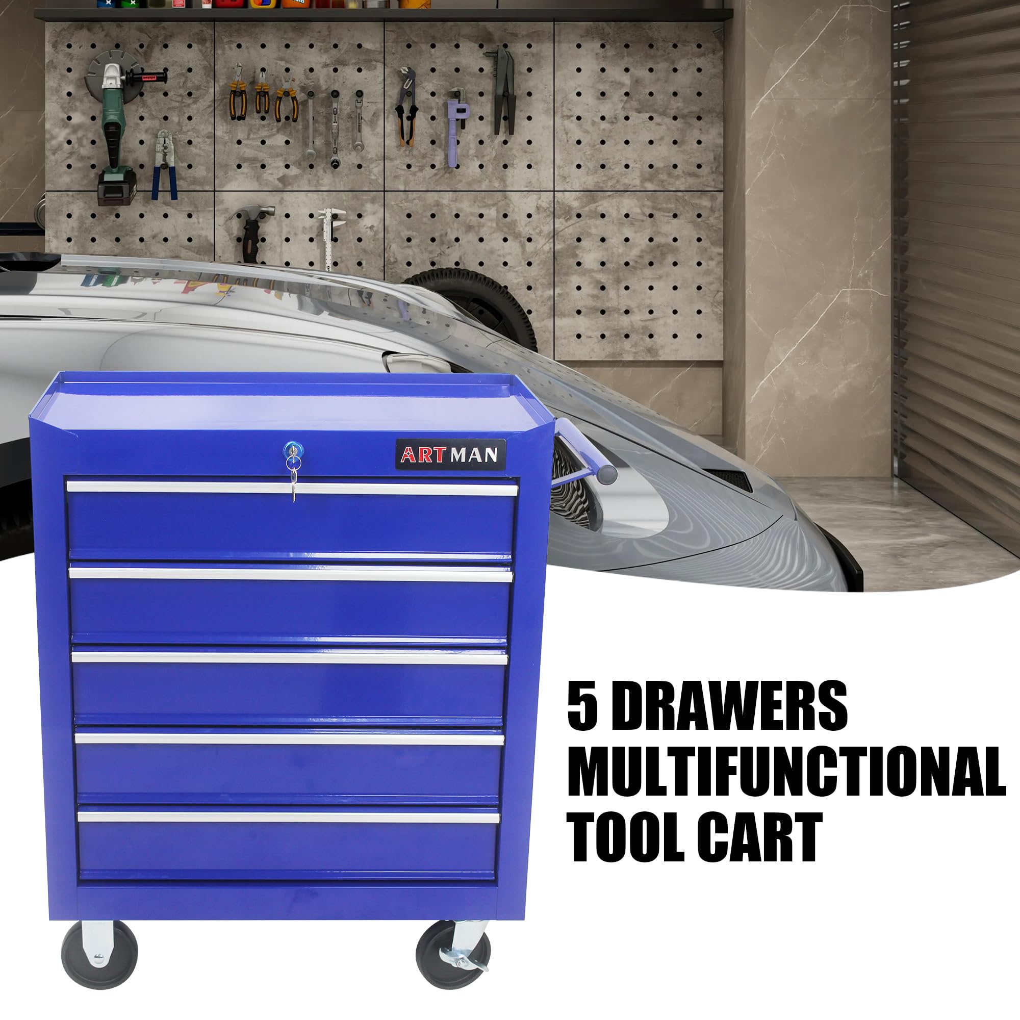 5-Drawer Workshop Tool Chest with Wheels and Lockable Drawers, Heavy Duty 220 LBS Capacity Rolling Tool Cart, Cold Rolled Steel Storage Organizer Tool Box for Warehouse, Garage, Repair Shop - BLUE