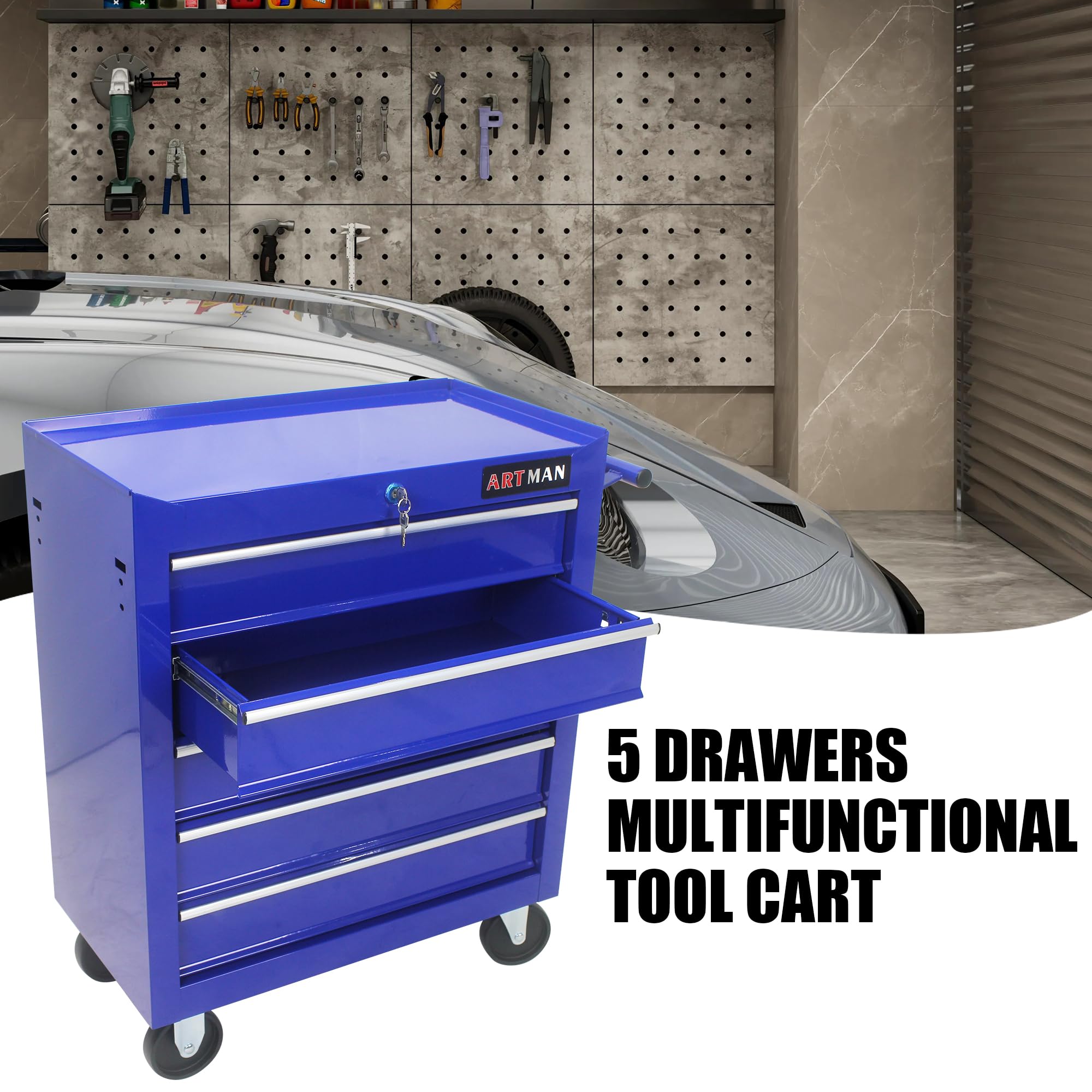 5-Drawer Workshop Tool Chest with Wheels and Lockable Drawers, Heavy Duty 220 LBS Capacity Rolling Tool Cart, Cold Rolled Steel Storage Organizer Tool Box for Warehouse, Garage, Repair Shop - BLUE