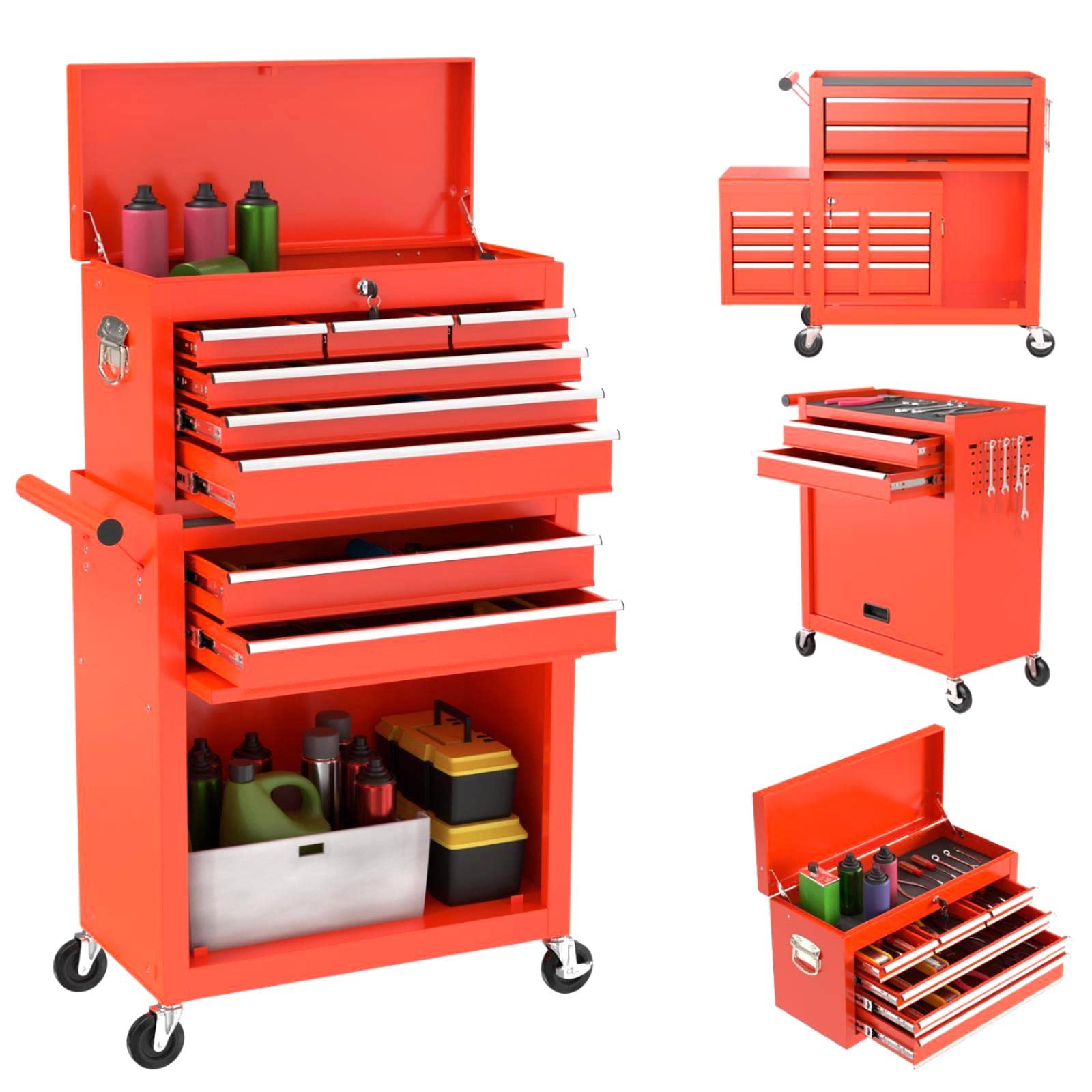 8-Drawer Rolling Tool Chest & Removable Tool Box with Locking System, Tool Box Organizer with 4 Wheels&Hooks, Large Capacity Garage Storage Cabinet for Warehouse and Repair Shop(Red)