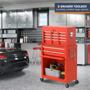 8-Drawer Rolling Tool Chest & Removable Tool Box with Locking System, Tool Box Organizer with 4 Wheels&Hooks, Large Capacity Garage Storage Cabinet for Warehouse and Repair Shop(Red)