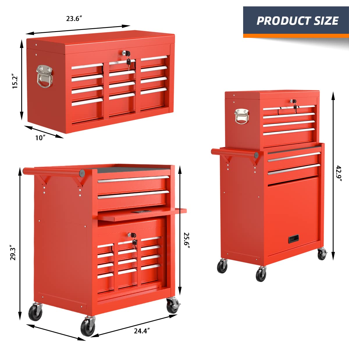 8-Drawer Rolling Tool Chest & Removable Tool Box with Locking System, Tool Box Organizer with 4 Wheels&Hooks, Large Capacity Garage Storage Cabinet for Warehouse and Repair Shop(Red)