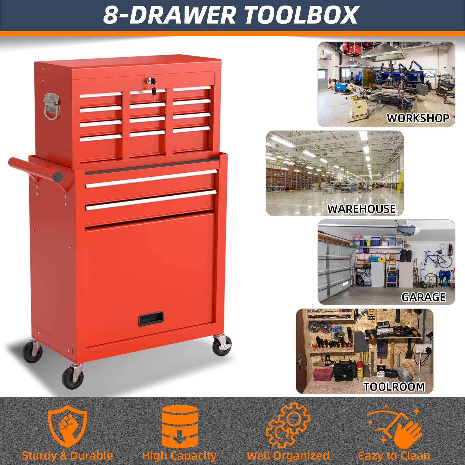 8-Drawer Rolling Tool Chest & Removable Tool Box with Locking System, Tool Box Organizer with 4 Wheels&Hooks, Large Capacity Garage Storage Cabinet for Warehouse and Repair Shop(Red)