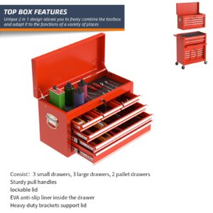 8-Drawer Rolling Tool Chest & Removable Tool Box with Locking System, Tool Box Organizer with 4 Wheels&Hooks, Large Capacity Garage Storage Cabinet for Warehouse and Repair Shop(Red)