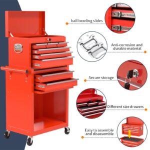 8-Drawer Rolling Tool Chest & Removable Tool Box with Locking System, Tool Box Organizer with 4 Wheels&Hooks, Large Capacity Garage Storage Cabinet for Warehouse and Repair Shop(Red)