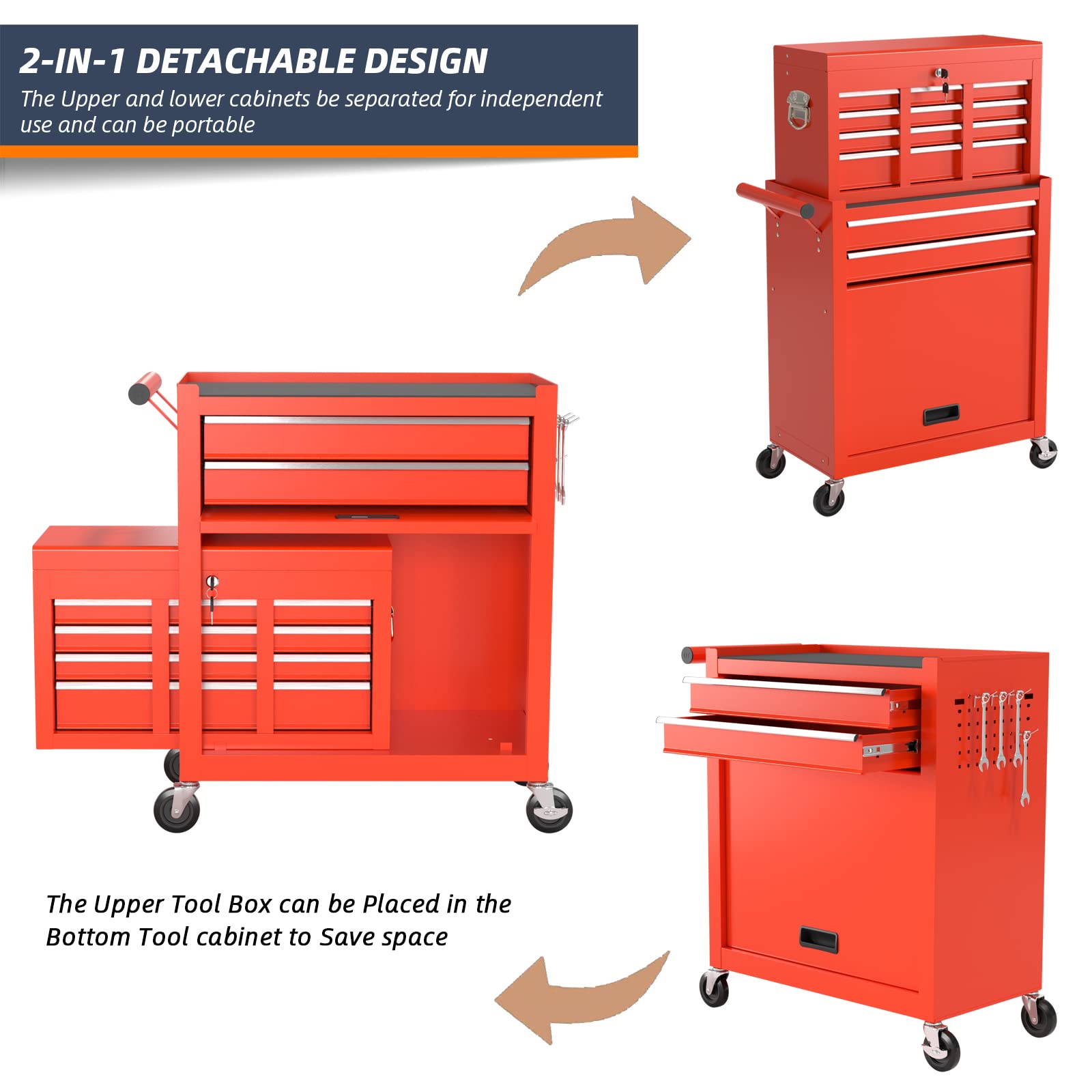 8-Drawer Rolling Tool Chest & Removable Tool Box with Locking System, Tool Box Organizer with 4 Wheels&Hooks, Large Capacity Garage Storage Cabinet for Warehouse and Repair Shop(Red)