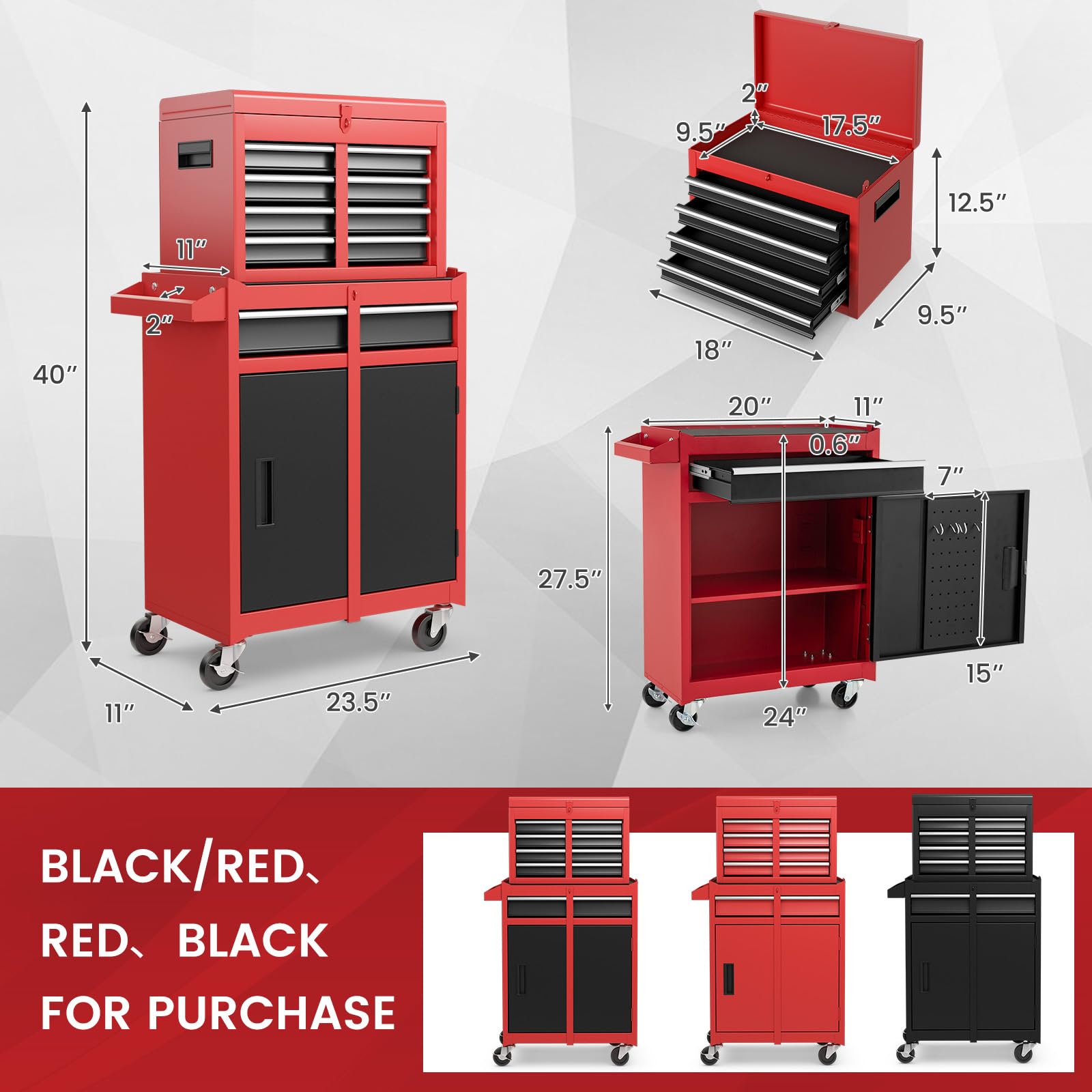 ERGOMASTER Rolling Tool Box Chest 5-Drawer - Upgrade Material for Heavy Duty Lockable Tool-Box & Removable Cabinet - for Garage and Workshop - Multicolor