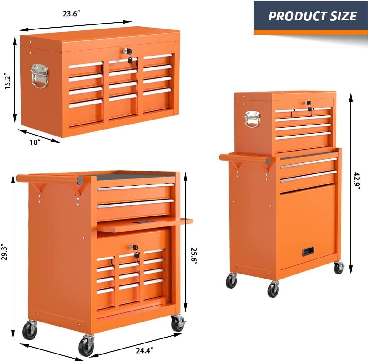 Eco Home 8-Drawer High Capacity Rolling Tool Box, Removable Cabinet Storage Tool Chest with Wheels and Drawers, Detachable Toolbox with Lock for Workshop Mechanics Garagee (Orange)