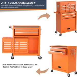 Eco Home 8-Drawer High Capacity Rolling Tool Box, Removable Cabinet Storage Tool Chest with Wheels and Drawers, Detachable Toolbox with Lock for Workshop Mechanics Garagee (Orange)