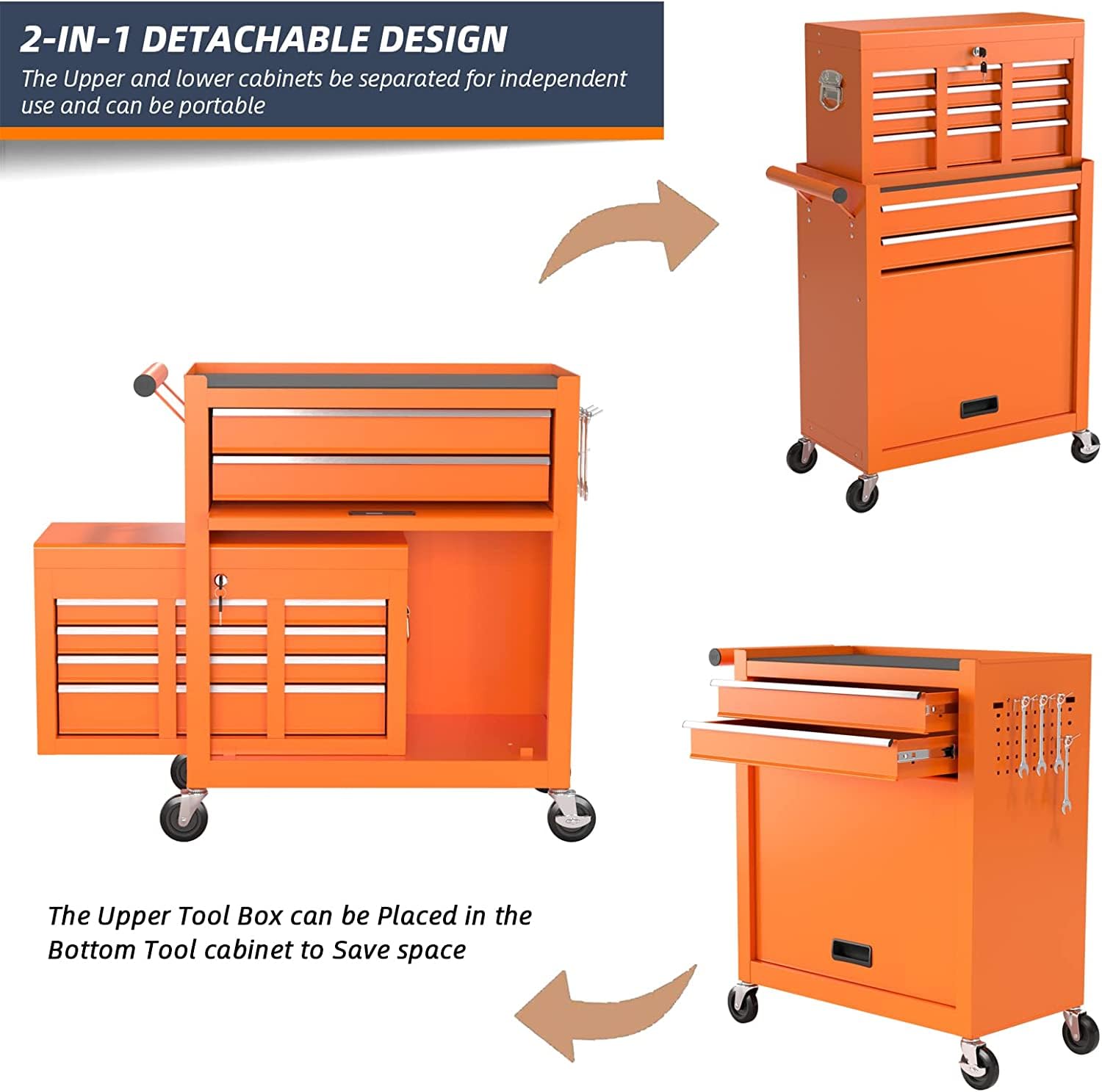 Eco Home 8-Drawer High Capacity Rolling Tool Box, Removable Cabinet Storage Tool Chest with Wheels and Drawers, Detachable Toolbox with Lock for Workshop Mechanics Garagee (Orange)