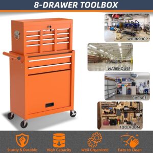 Eco Home 8-Drawer High Capacity Rolling Tool Box, Removable Cabinet Storage Tool Chest with Wheels and Drawers, Detachable Toolbox with Lock for Workshop Mechanics Garagee (Orange)