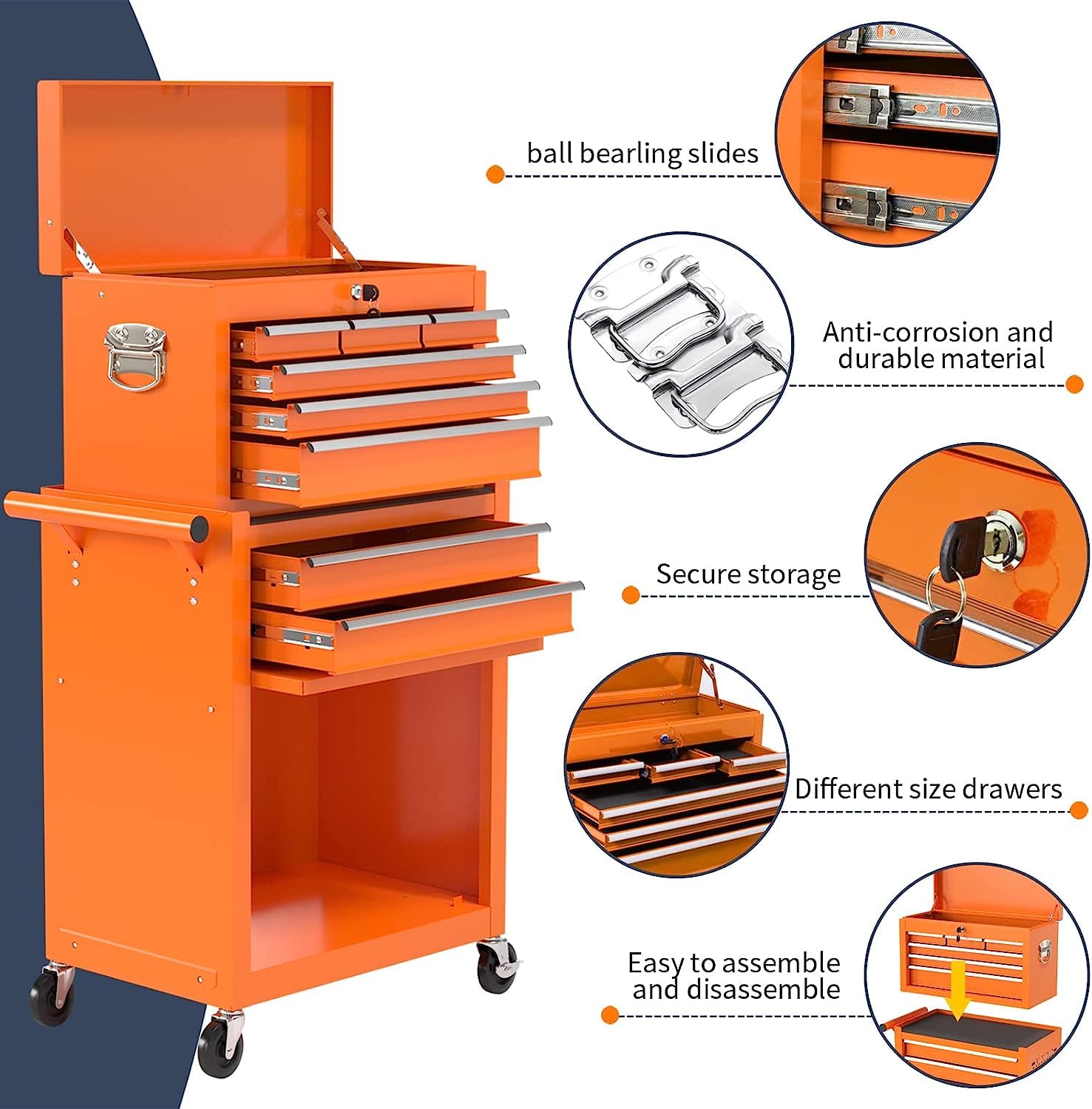 Eco Home 8-Drawer High Capacity Rolling Tool Box, Removable Cabinet Storage Tool Chest with Wheels and Drawers, Detachable Toolbox with Lock for Workshop Mechanics Garagee (Orange)