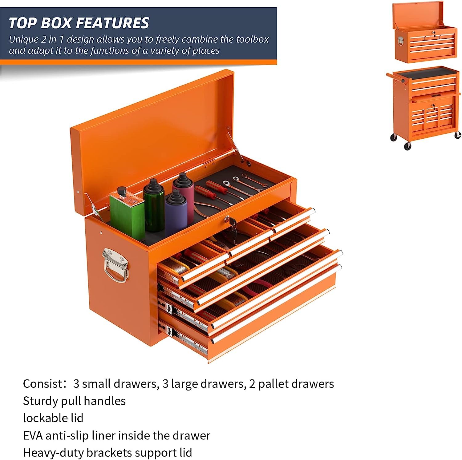 Eco Home 8-Drawer High Capacity Rolling Tool Box, Removable Cabinet Storage Tool Chest with Wheels and Drawers, Detachable Toolbox with Lock for Workshop Mechanics Garagee (Orange)