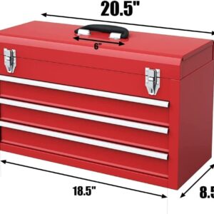 Goplus Tool Box, Portable 20” Tool Boxes with 3 Drawers, Top Tool Tray, Metal Lock Latch, Protective Liner, Auto Locking, Heavy Duty Steel Toolbox for Garage, Workshop, Mechanic