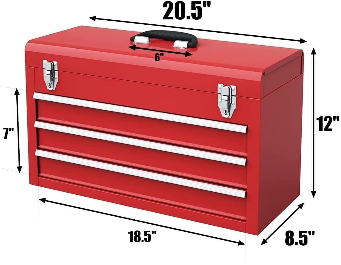 Goplus Tool Box, Portable 20” Tool Boxes with 3 Drawers, Top Tool Tray, Metal Lock Latch, Protective Liner, Auto Locking, Heavy Duty Steel Toolbox for Garage, Workshop, Mechanic