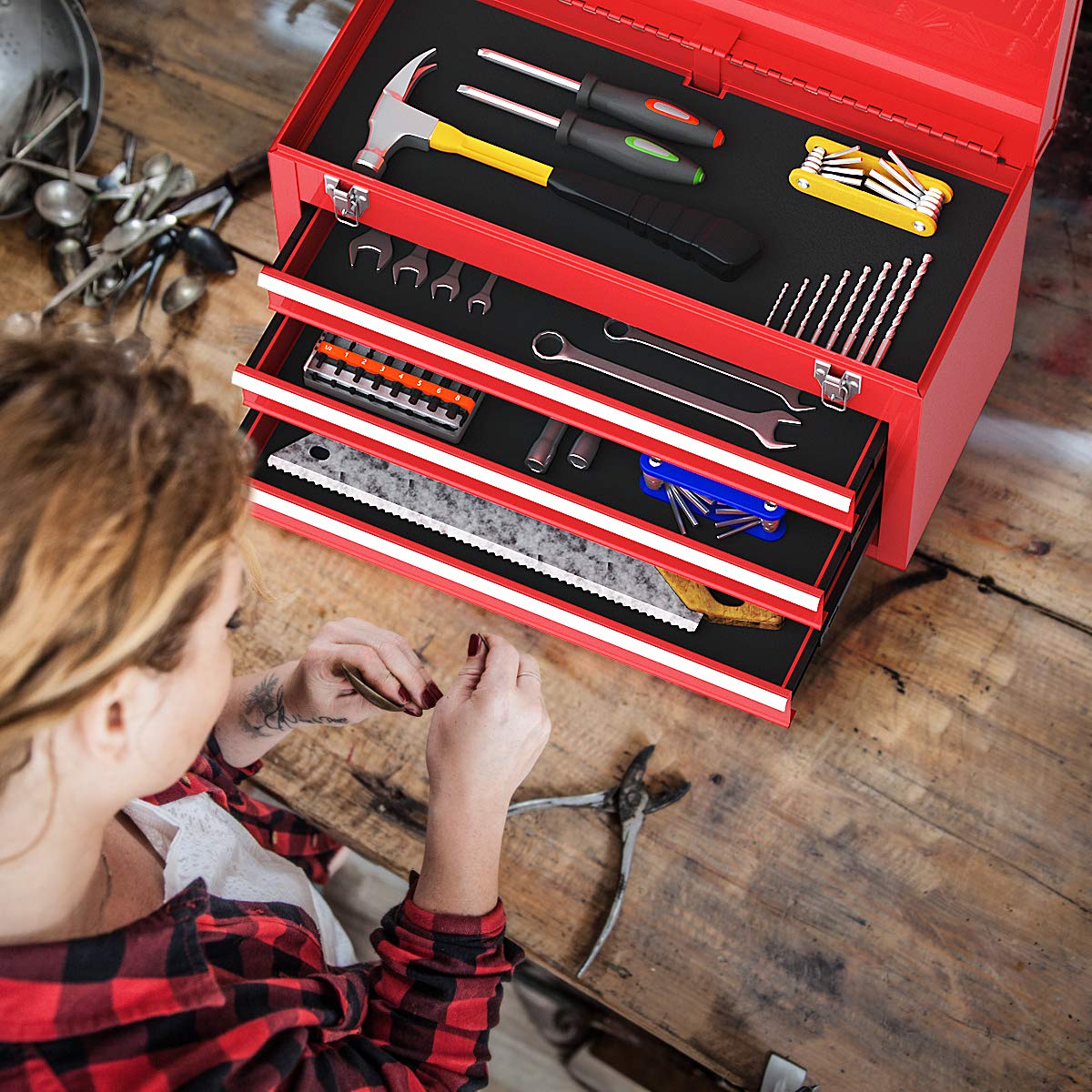 Goplus Tool Box, Portable 20” Tool Boxes with 3 Drawers, Top Tool Tray, Metal Lock Latch, Protective Liner, Auto Locking, Heavy Duty Steel Toolbox for Garage, Workshop, Mechanic