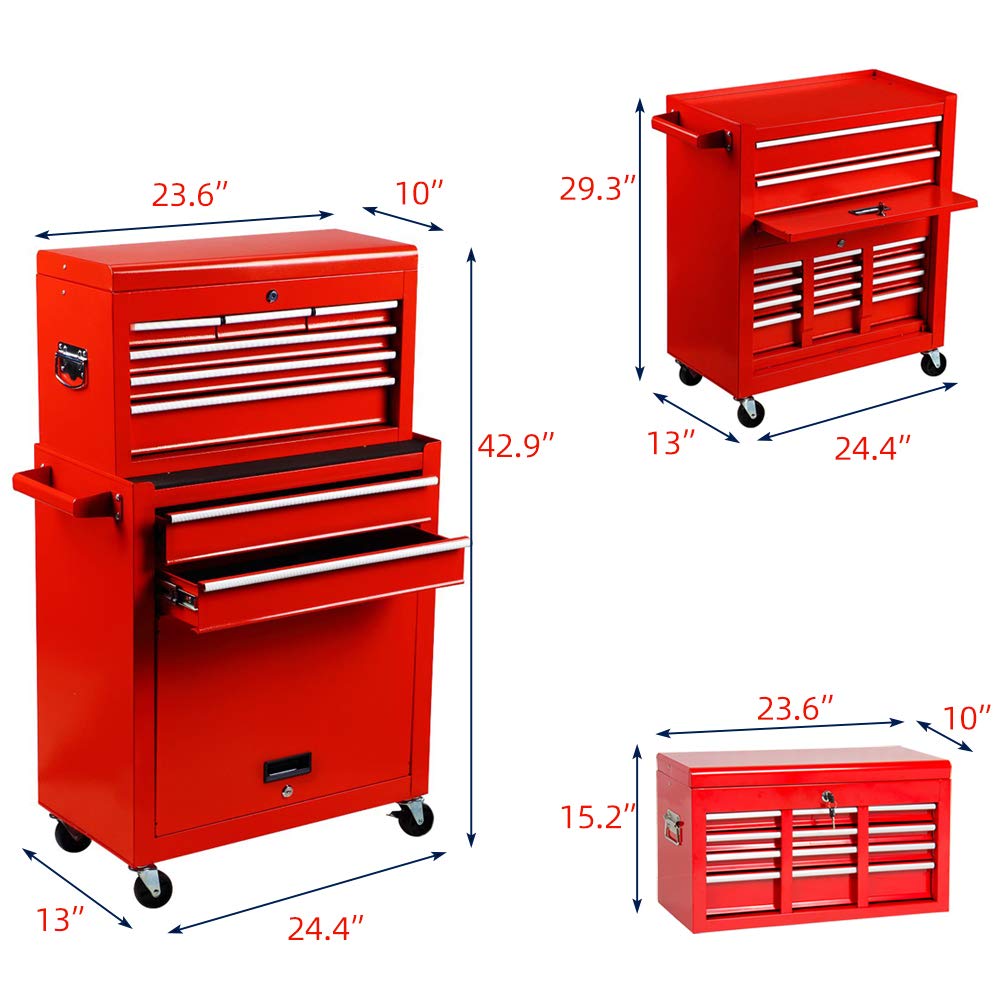 JD Trading 8-Drawer Rolling Tool Chest 2 in 1 High Capacity Tool Box Detachable Organizer Tool Storage Cabinet with 4 Wheels & Lockable Lined Drawers for Garage Warehouse Workshop (Red)