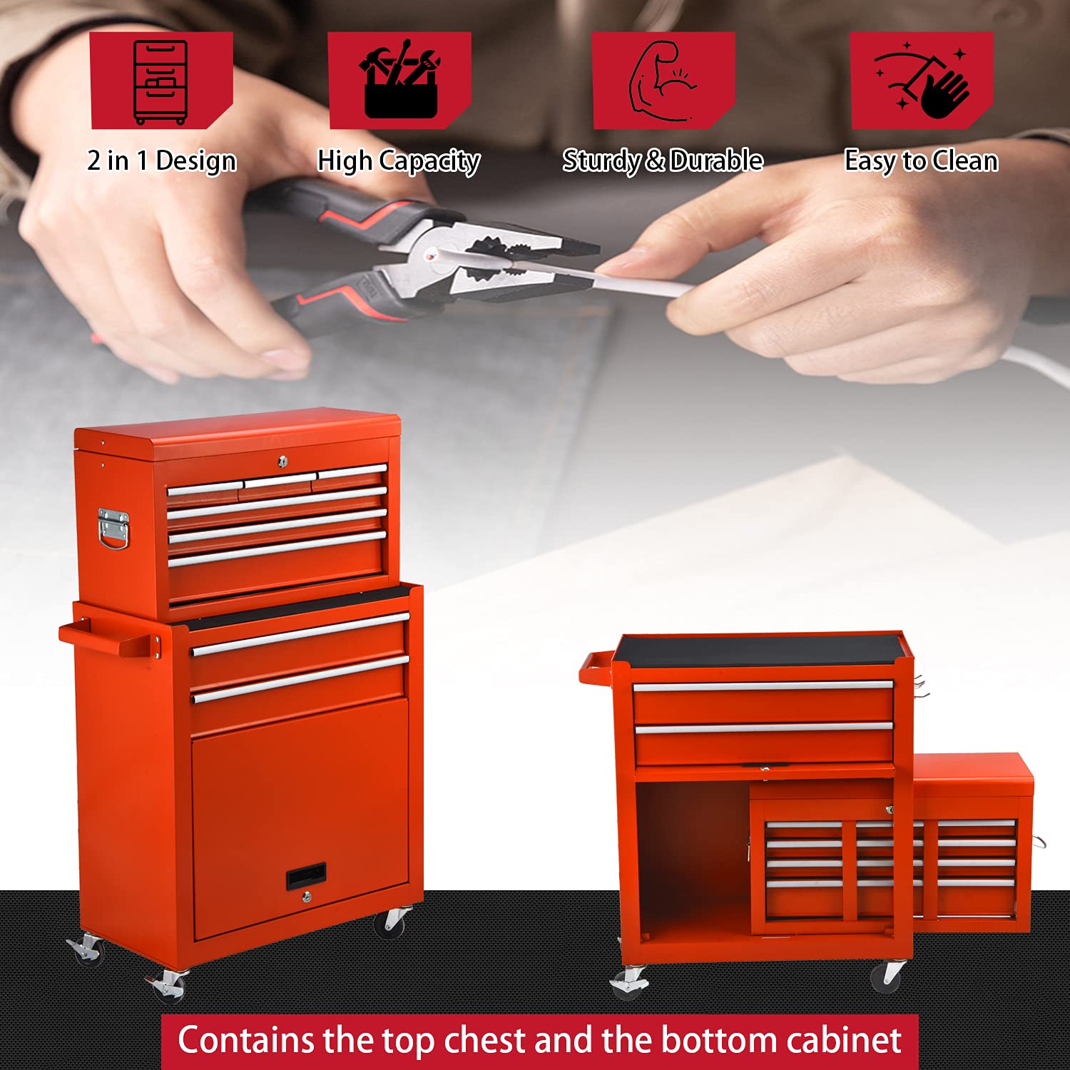 JD Trading 8-Drawer Rolling Tool Chest 2 in 1 High Capacity Tool Box Detachable Organizer Tool Storage Cabinet with 4 Wheels & Lockable Lined Drawers for Garage Warehouse Workshop (Red)