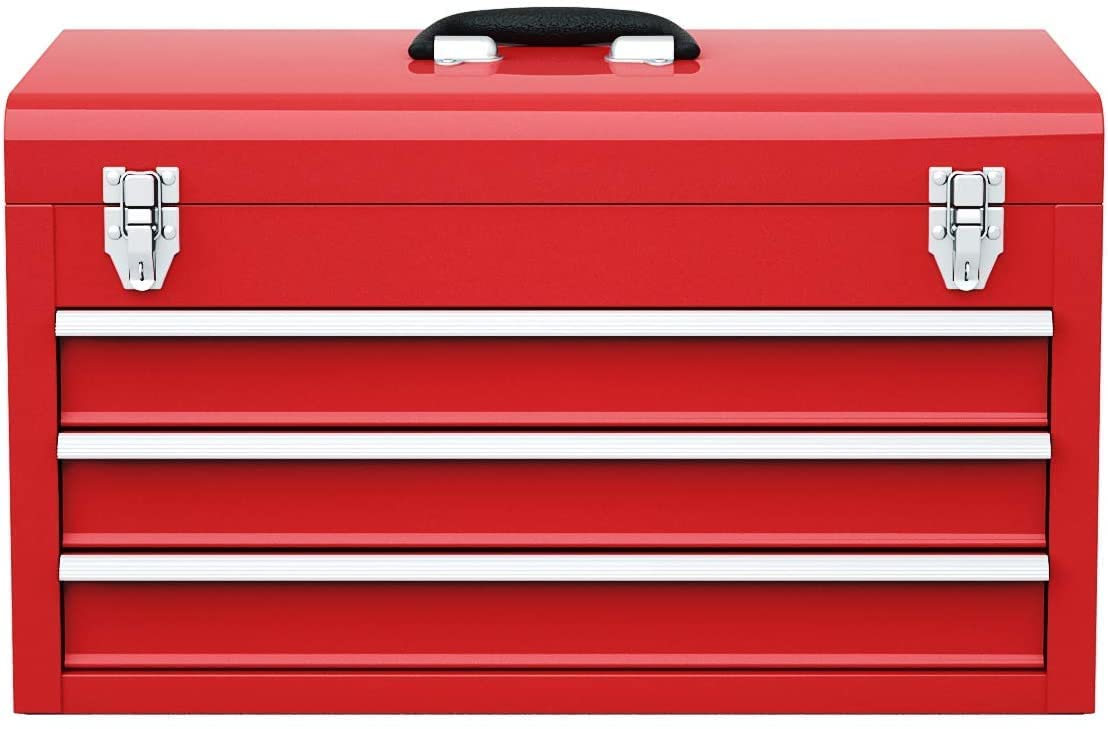 IRONMAX Portable Tool Box, Lockable Steel Tool Chest Cabinet w/ 3 Drawers & Top Tray, 3-Drawer Toolbox for Household, Warehouse, Repair Shop, Red