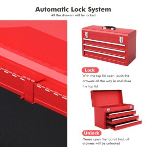 IRONMAX Portable Tool Box, Lockable Steel Tool Chest Cabinet w/ 3 Drawers & Top Tray, 3-Drawer Toolbox for Household, Warehouse, Repair Shop, Red