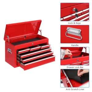 TUFFIOM 8-Drawer Rolling Tool Chest w/Lock & Key, Tool Storage Cabinet w/Wheels, Detachable Top, Drawers & Side Hooks, Mechanic Tool Organizer Box for Garage Warehouse Repair Shop, Red