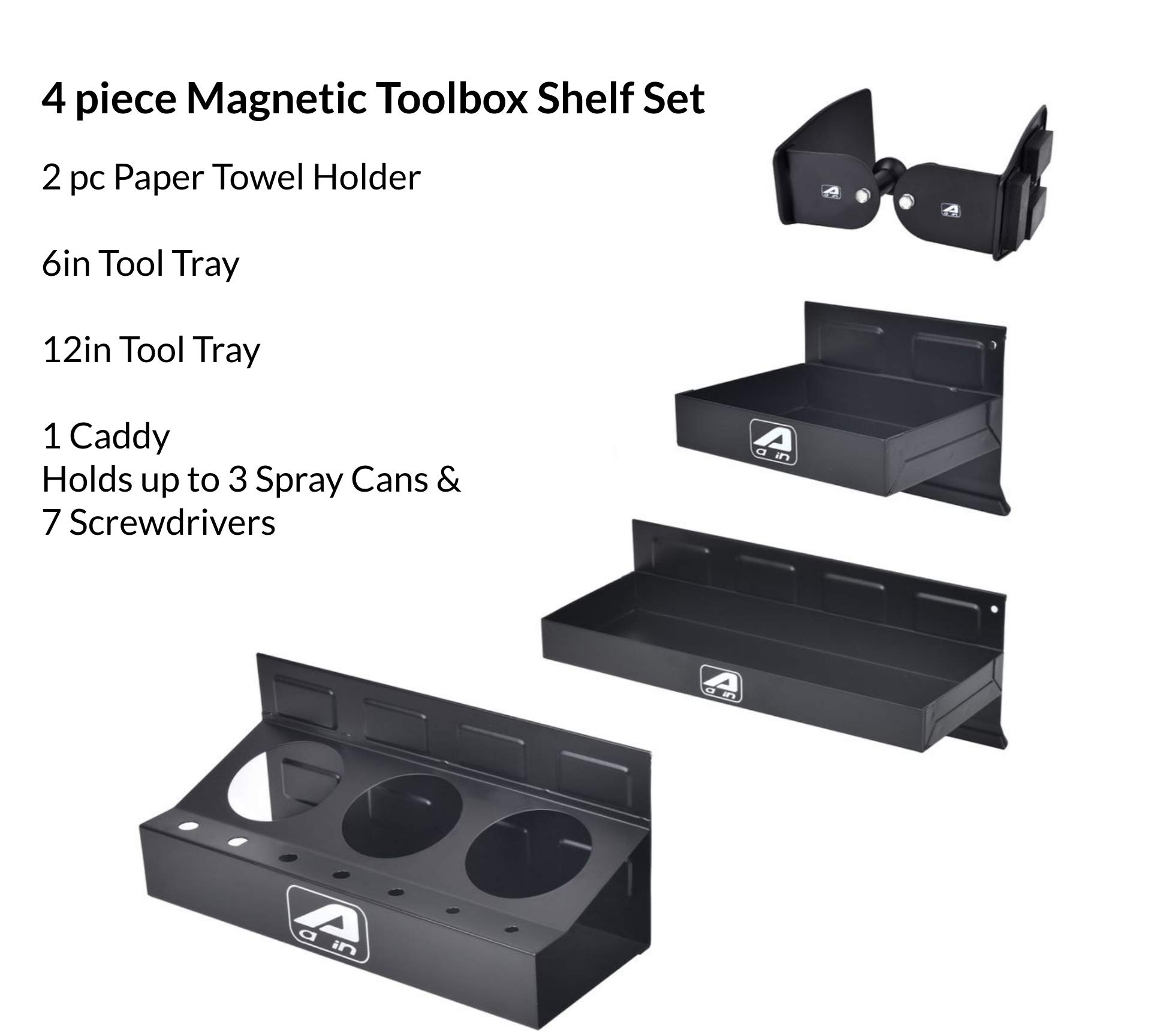 Eisen trayset 4pc Magnetic Toolbox Tray Set, Magnetic Tool Box holder for Cabinet Side Shelf Storage Van Workshop, Tool Trays, Paper Towel Holder and Spray Can Holder, Black