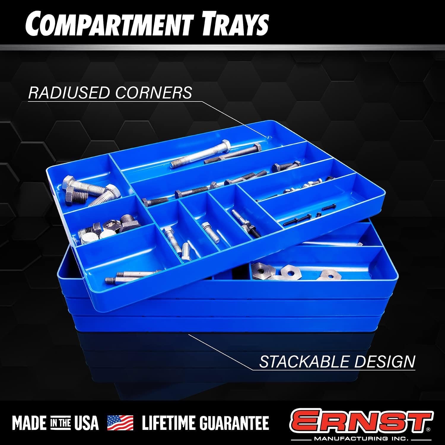 Ernst Manufacturing 10 Compartment Drawer Organizer: Heavy Duty Stackable Tray for Automotive Garage Tool Organization - Low-Profile Toolbox Storage - Nuts and Bolts, Tools, Parts, Easy to Clean - Red