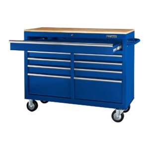 46 In. 9-Drawer Mobile Storage Cabinet With Solid Wood Top - Blue Workbench