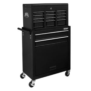 TUFFIOM 8-Drawer Rolling Tool Chest w/Lock & Key, Tool Storage Cabinet w/Wheels, Detachable Top, Drawers & Side Hooks, Mechanic Tool Organizer Box for Garage Warehouse Repair Shop, Black