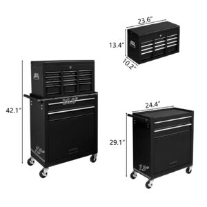 TUFFIOM 8-Drawer Rolling Tool Chest w/Lock & Key, Tool Storage Cabinet w/Wheels, Detachable Top, Drawers & Side Hooks, Mechanic Tool Organizer Box for Garage Warehouse Repair Shop, Black