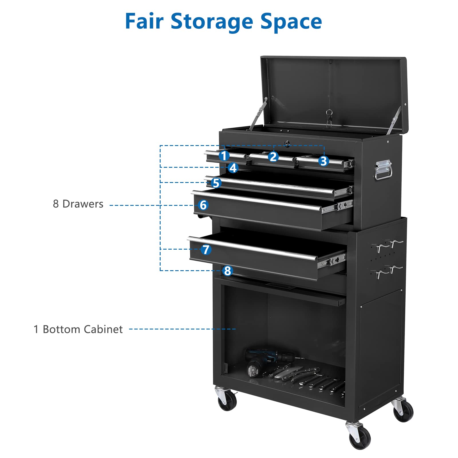 TUFFIOM 8-Drawer Rolling Tool Chest w/Lock & Key, Tool Storage Cabinet w/Wheels, Detachable Top, Drawers & Side Hooks, Mechanic Tool Organizer Box for Garage Warehouse Repair Shop, Black