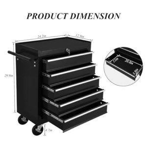 CuisinSmart Tool Chest,5 Drawers Multifunctional Tool Cart with Wheels,Metal Rolling Tool Cart Storage for Garage Workshop Warehouse Repair Shop,Black