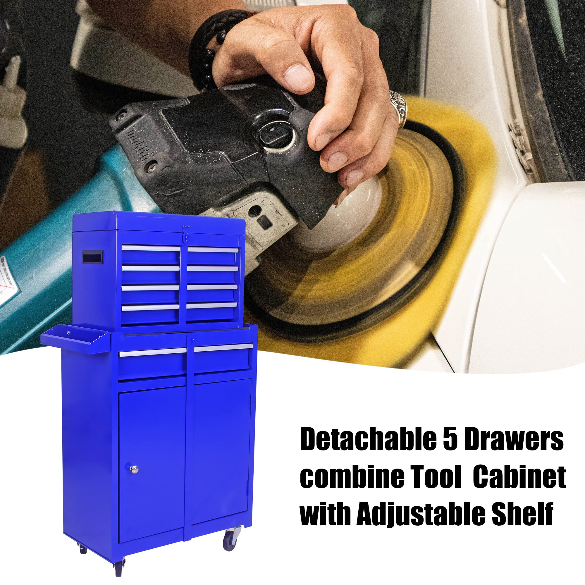 Dithoko 5-Drawer Rolling Tool Chest Cabinet, High Capacity Tool Box Storage Cabinet with Adjustable Shelf, Removable Tool Box Organizer with 4 Wheels for Garage Warehouse - Blue