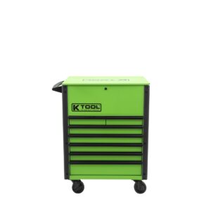 K Tool International 75124 35" Service Cart Tool Box for Garages, Repair Shops, and DIY, (7) Drawers, Locking Lid, (4) 5" Swivel Casters (2) with Brake, Protective Bumpers, Matte Finish, Neon Green